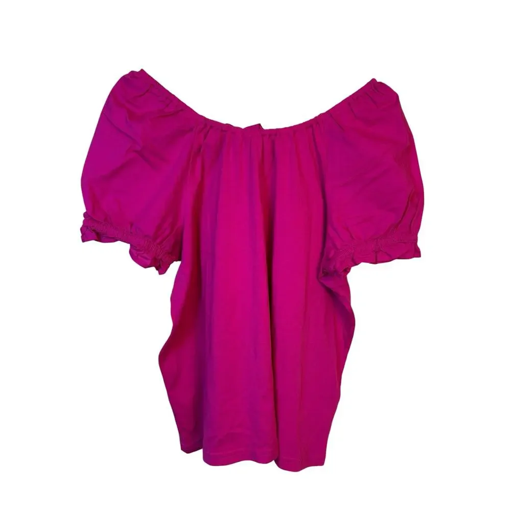 J Crew Tie Back Poplin Top Medium Fuchsia 100% Cotton Puff Sleeve Preppy Relaxed